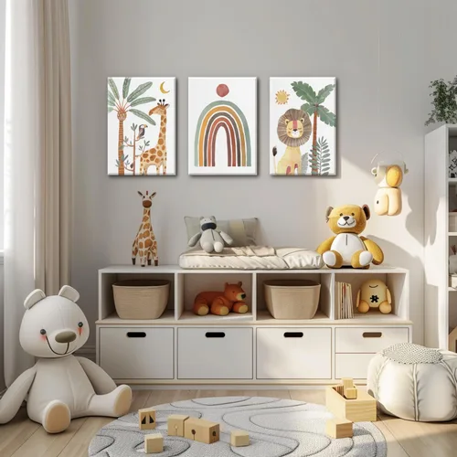 Vista 2 de Wodkwq Arte de pared para guardería, impresiones en lienzo de animales de safari, póster para decoración de habitación de bebé, decoración