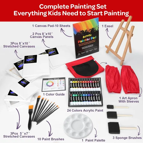 Vista 3 de Juego de 59 piezas de pintura acrílica, kit de suministros de arte con 24 pinturas no tóxicas, caballete, pinceles, lienzo para niños, artistas