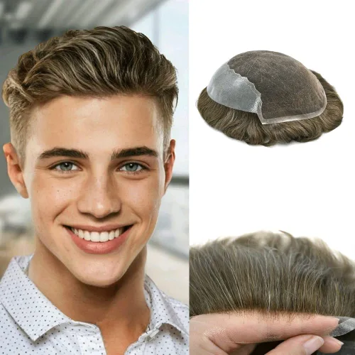 Vista 12 de Toupee para hombres pieza de pelo suave suizo encaje real sistema de cabello humano reemplazo blanqueado nudo mens tupé sistema de pelo para hombres