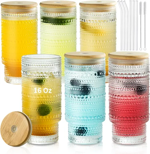Vista 9 de KEMORELA - Juego de vasos elegantes de alta copa - Vasos XL de 16 oz - Bebidas mixtas, café helado, cerveza, jugo, agua - Diseños de nudos y cuentas