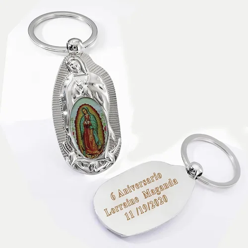 Vista 6 de Llavero personalizado para primera comunión (12 piezas) grabado con texto en inglés "Our Lady of Guadalupe Bautismo", recuerdo para primera