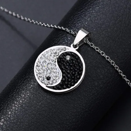 Vista 5 de Houpotao Taichi Bagua Collar con colgante de acero inoxidable quirúrgico, ligero, hipoalergénico, cadena de clavícula Yin Yang con circonita cúbica