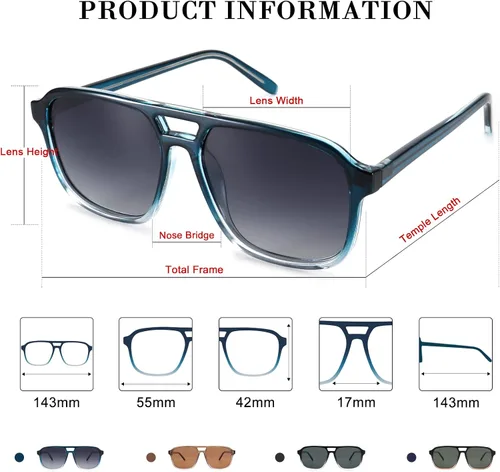 Vista 5 de Dollger Lentes de sol de aviador para mujeres y hombres, polarizados, retro, 70, cuadrados, degradados, planos, ultraligeros, de plástico