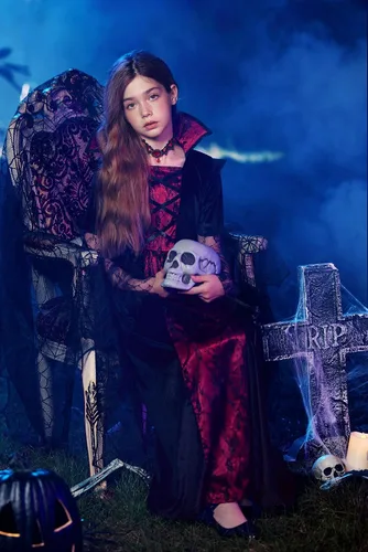 Vista 2 de Disfraz de vampiro de Halloween para niñas, 5 piezas, vestido gótico