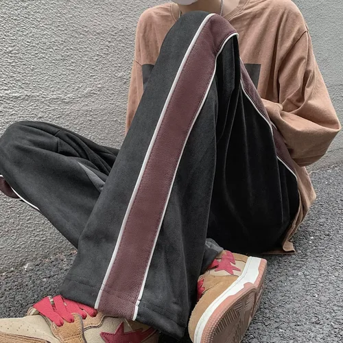 Vista 12 de Skateboard Frog Pantalones de chándal para hombre Patchwork Open Wide Bottom Suede Casual Pantalones de pierna recta