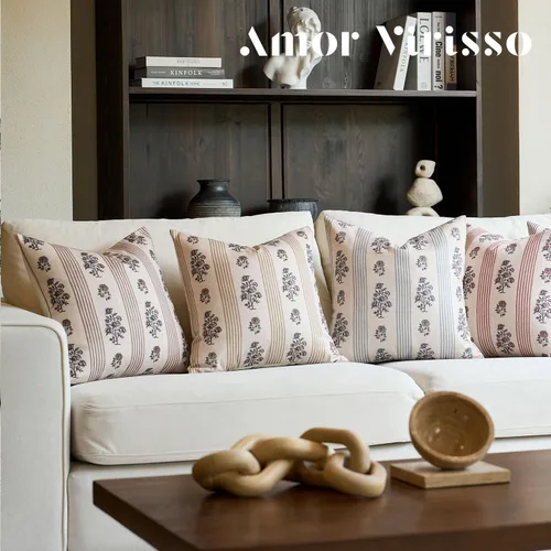 Vista 3 de Amor Virisso Fundas de almohada florales para sofá 18x18 Juego de 2 Fundas de almohada con estampado en bloque Fundas de almohada decorativas