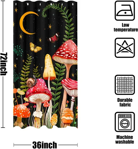 Vista 6 de Juego de cortinas de ducha con diseño de hongos y mariposas florales negras y rojas, tela impermeable, cortinas de ducha para baño, decoración