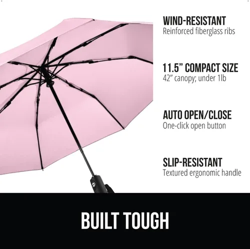 Vista 2 de Gorilla Grip Paraguas compacto resistente al viento para lluvia, apertura y cierre automático con un solo clic, varillas de fibra de vidrio
