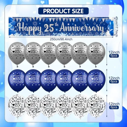 Vista 3 de Decoraciones azules plateadas para el 25 aniversario para hombres y mujeres, pancarta azul feliz 25 aniversario y 18 globos para suministros