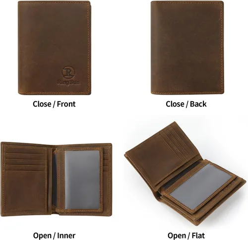 Vista 4 de Ringsun Cartera de cuero de grano completo para hombre, Marrón 2