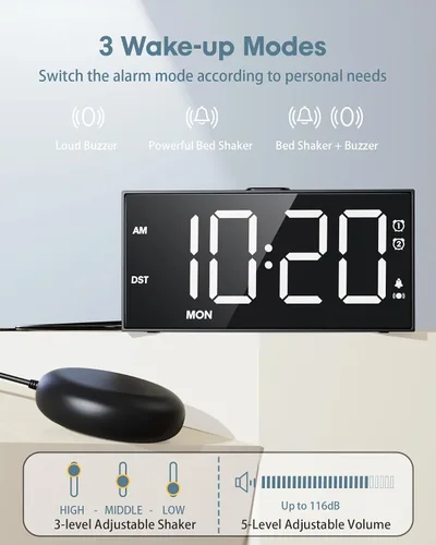 Vista 2 de Reloj despertador ruidoso para personas que duermen con vibración con agitador de cama de 10000 RPM, pantalla LED de 7.5 pulgadas, modo día/fin