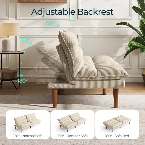 Vista 4 de LINSY Sofá cama futón de pana de 71 pulgadas con respaldo ajustable, futones plegables convertibles para espacios pequeños, salas de estar Beige