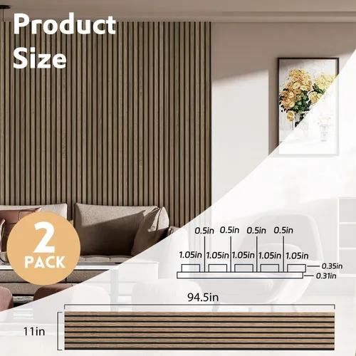 Vista 2 de RITOLLO Paneles de listones de madera para pared, 2 piezas de 94.5 x 11 pulgadas, paneles acústicos para decoración de pared interior, panel