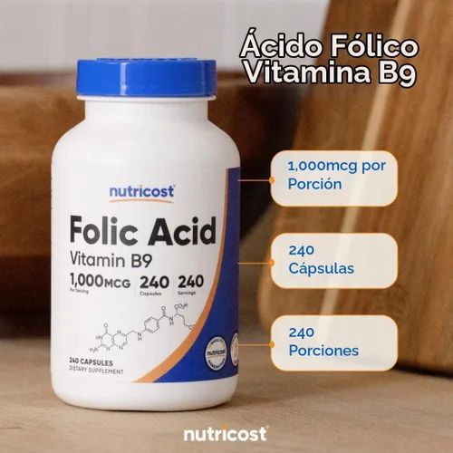 Vista 6 de Nutricost ácido fólico (Vitamina B9) 1000 mcg, 240 Cápsulas, 1 botella, 1