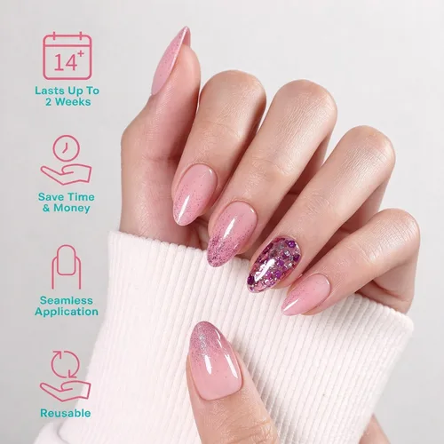 Vista 3 de Uñas cortas a presión de almendra, uñas con purpurina rosa degradado 3H-rosa con purpurina