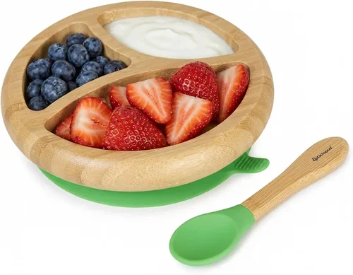 Vista 14 de Abiie Octopod Bamboo Dish & Spoon - Plato de succión para bebé - 4 meses y más - Azul 3-Compartment Round Kids Plate, High Chair Accessories