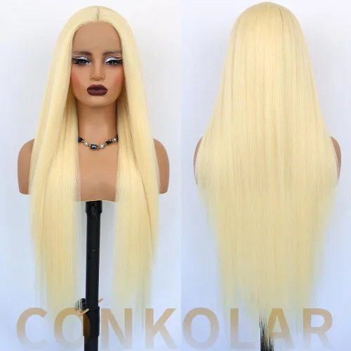 Vista 7 de Peluca rubia sintética con encaje frontal, predepilada 613, peluca de cabello largo para mujer, peluca sedosa y recta con parte media sin pegamento