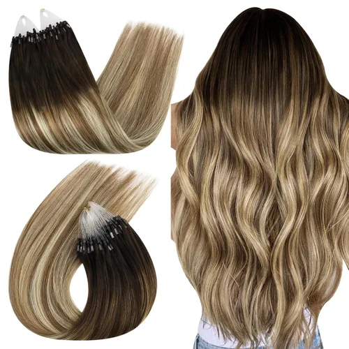Vista 25 de Ugeat - Extensiones de cabello humano con microanillo, 14 pulgadas, extensiones de cabello Remy con microcuentas de 1 gm/hebra, 50 gms, extensiones