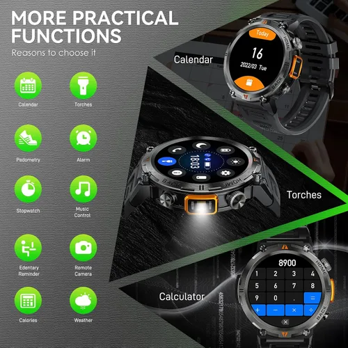 Vista 11 de Reloj inteligente militar para hombres con linterna LED 1.45 "HD Bluetooth Negro + correa de acero inoxidable extra