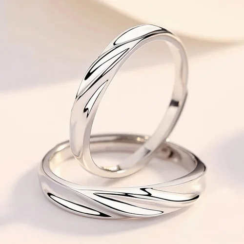 Vista 3 de Anillos a juego para parejas, juego de latidos de corazón ajustables para él y ella, alianzas de plata de ley 925
