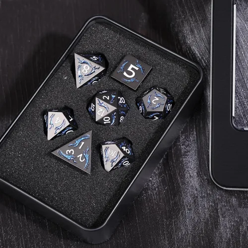 Vista 5 de Juego de dados de metal, 7 piezas de dados metálicos DND, dados poliédricos D&D con caja de metal de regalo para juego de mesa de Calabozos