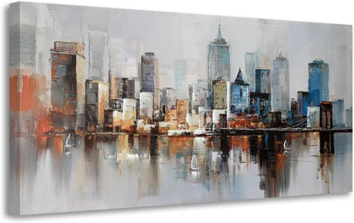 Vista 14 de Arjun Pintura de Paisaje Puesta de Sol Montaña Lago Arte de Pared en Lienzo con Textura Enmarcado Grande 40"x20"- Impresiones de Cuadros Serenos