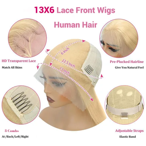 Vista 4 de QNQZ Peluca de cabello humano con encaje frontal 613 de 20 pulgadas, color rubio 13x6, peluca de encaje frontal HD, 220 de densidad, pelucas rubias