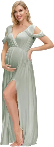 Vista 2 de VSNOW Vestido de maternidad para sesión de fotos hombros descubiertos manga caída vestido de accesorio de fotos vestido dividido maxi vestidos
