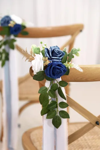 Vista 4 de Arreglo floral de pasillo para la ceremonia de la boda, juego de 10 flores para sillas de la iglesia, decoración para fiestas con flores Azul