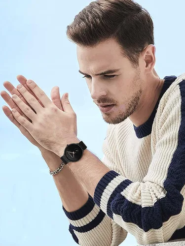 Vista 4 de Reloj de pulsera ultrafino negro para hombre, vestido impermeable de moda, correa de acero inoxidable