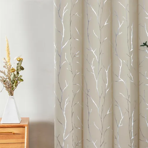 Vista 97 de BUHUA Cortinas pequeñas para ventana de 36 pulgadas de largo, 2 paneles, cortinas opacas con elegantes ramas de árbol plateadas, cortinas de bloqueo