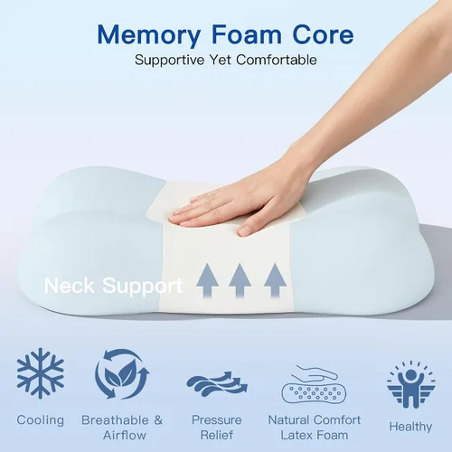 Vista 3 de Almohada cervical de espuma viscoelástica, soporte ergonómico de contorno para aliviar el dolor de cuello Azul y blanco