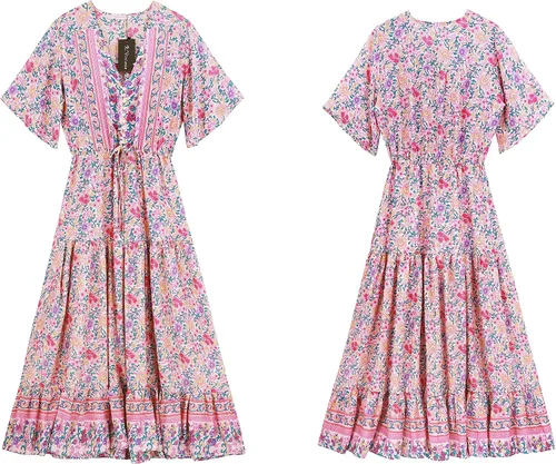 Vista 5 de R.Vivimos - Vestido de verano holgado para mujer, tela de algodón, estampado floral, manga corta