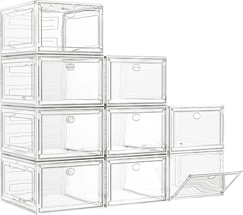Vista 12 de Organizador de almacenamiento de zapatos de plástico transparente, grueso y resistente c/puerta magnética, cajas apilables, zapatero plegable
