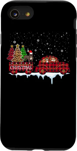 Vista 13 de Funda para iPhone 15 Pit Bull Dog Christmas Red Plaid Truck Santa Christmas Tree