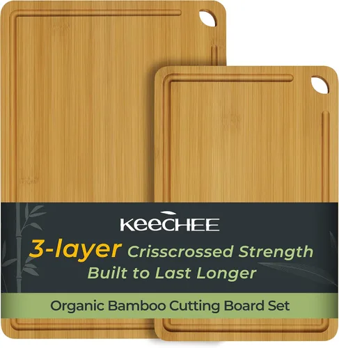 Vista 12 de Keechee Tabla de Cortar de Madera para Cocina - Juego de Regalo de 3 Tablas de Cortar Reversibles de Bambú con Ranura para Jugos, Tabla de Cortar