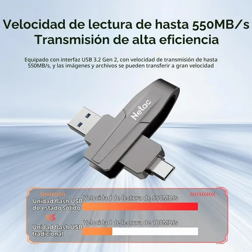 Vista 3 de Netac Unidad de estado sólido USB externa portátil de 128 GB de hasta 550 MB/s Tipo-c y USB 3.2 Interfaz dual para almacenamiento de datos
