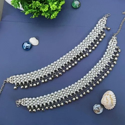 Vista 2 de Efulgenz Silver Anklets with Crystal & Faux Pearl - Indian Women's Bell Anklets & Ghungroo Ankle Bracelets