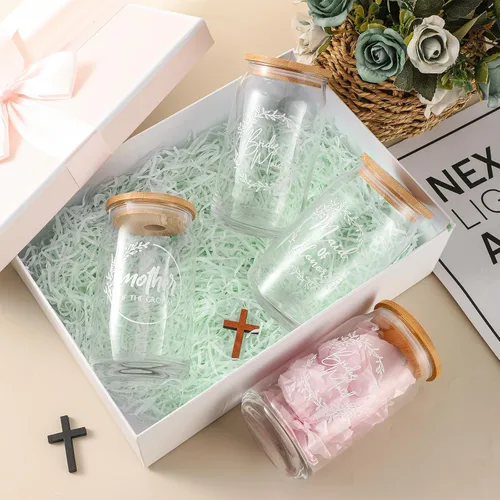 Vista 3 de Layhit 10 piezas de regalos de dama de honor, regalos de propuesta de dama de honor, 16 onzas, lindos vasos en forma de lata con tapas de bambú