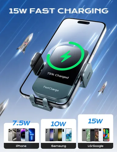 Vista 10 de Cargador de Coche Inalámbrico, Carga Rápida de 15W, Cargador de Coche con Abrazadera Automática, Soporte para Teléfono Compatible con iPhone 15 14