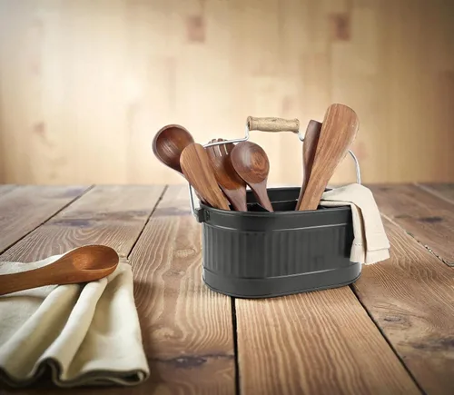 Vista 8 de CLEENTABLE Organizador rústico galvanizado para utensilios – Soporte de cubiertos de granja para cocina, comedor, picnic, fiestas, organizador
