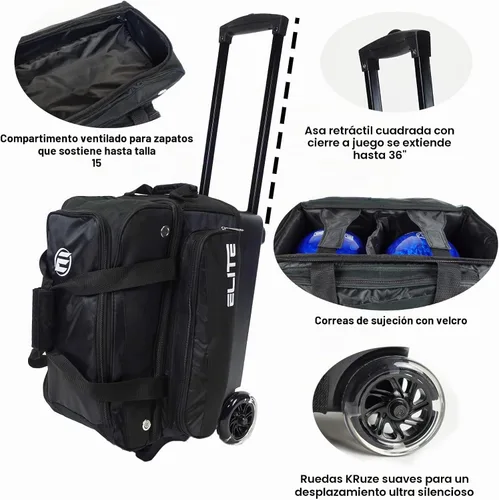 Vista 3 de ELITE Bolsa de bolos Deluxe de 2 bolas con ruedas lisas de 5 pulgadas, bolsillo grande para accesorios, compartimento para zapatos, mango extensible