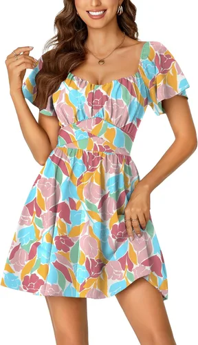 Vista 16 de Rooscier Minivestido acampanado de manga corta con volantes, cuello cuadrado, envolvente y espalda anudada para mujer