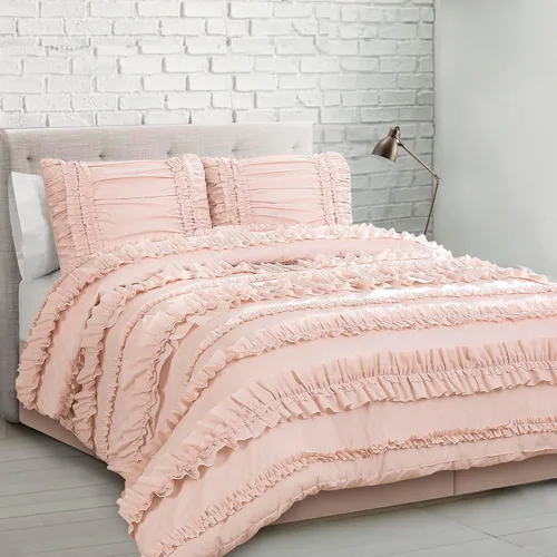 Vista 13 de Lush Decor Belle - Juego de cama de 4 piezas con falda de cama y 2 fundas de almohada, juego de edredón King, color blanco