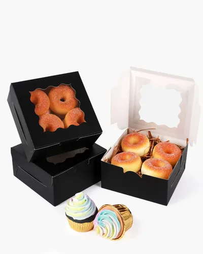 Vista 2 de qiqee Cajas de galletas negras con ventana, 36 paquetes de 6 x 6 x 3, caja de pastelería negra para recuerdos de boda, cumpleaños y fiesta