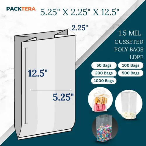 Vista 2 de 5.25" X 2.25" X 12.5" Gusseted Poly Bags Clear LDPE 1.5 Mil Thickness (Pack of 1000) Open Top Food Safe Flexible Plastic Packaging Bag for Bread