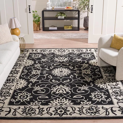 Vista 15 de SAFAVIEH Jardin Collection Alfombra de pasillo, 2 pies 3 pulgadas x 9 pies, negro y marfil, lana floral hecha a mano, ideal para zonas de alto