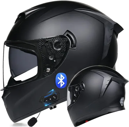 Vista 9 de Casco de motocicleta Bluetooth de cara completa abatible con micrófono, diseño de ala trasera aprobado por DOT, reducción de ruido con doble visera