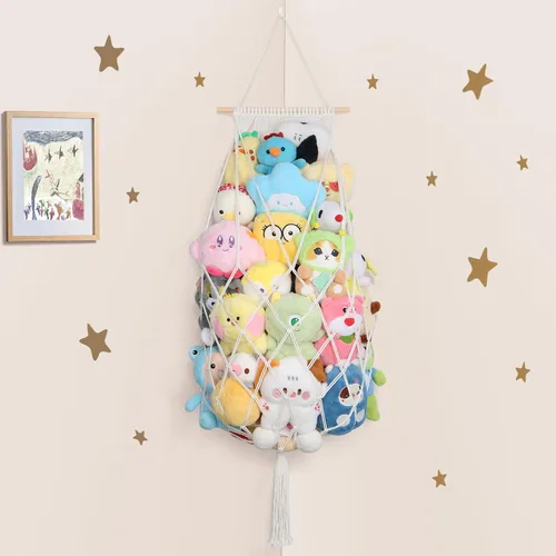 Vista 18 de Almacenamiento de Animales de Peluche de 68 Pulgadas, Hamaca Jumbo de Macramé para Animales de Peluche en Esquina, Hamaca Colgante de Pared y Techo