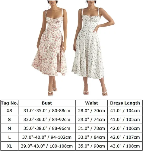 Vista 7 de Vestido de corsé floral para mujer, estilo bohemio, de verano, tirantes delgados, cuello cuadrado, casual, por debajo de la rodilla, con abertura